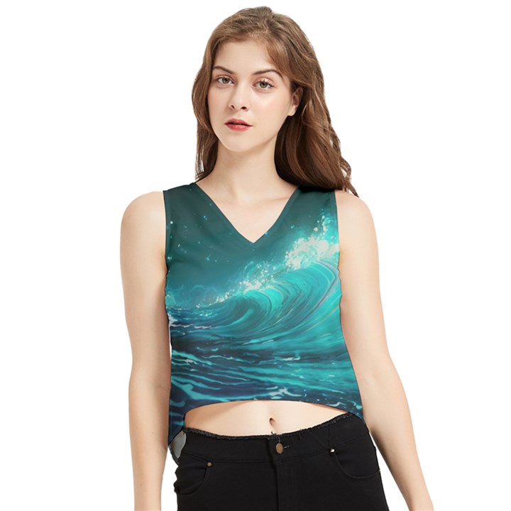 Tsunami Waves Ocean Sea Nautical Nature Water V-Neck Cropped Tank Top