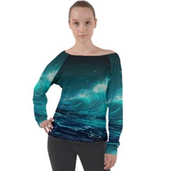 Tsunami Waves Ocean Sea Nautical Nature Water Off Shoulder Long Sleeve Velour Top by Ravend