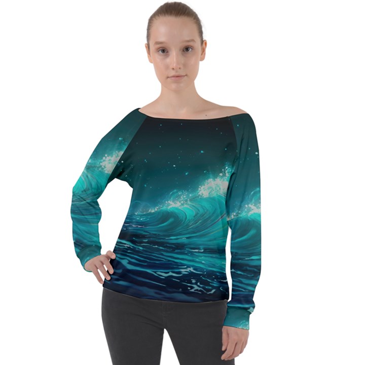 Tsunami Waves Ocean Sea Nautical Nature Water Off Shoulder Long Sleeve Velour Top