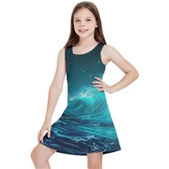 Tsunami Waves Ocean Sea Nautical Nature Water Kids  Lightweight Sleeveless Dress by Ravend