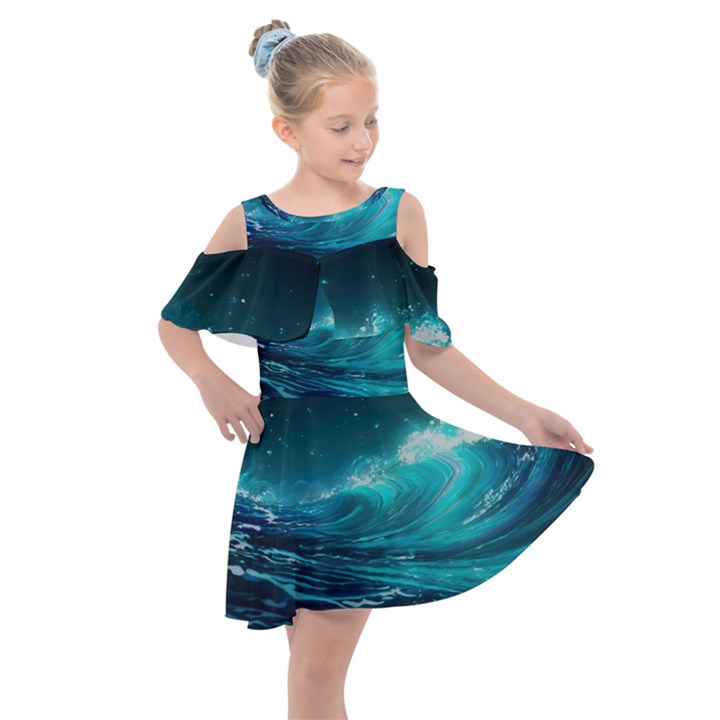 Tsunami Waves Ocean Sea Nautical Nature Water Kids  Shoulder Cutout Chiffon Dress