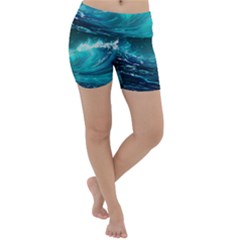 Tsunami Waves Ocean Sea Nautical Nature Water Lightweight Velour Yoga Shorts by Ravend