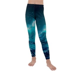 Tsunami Waves Ocean Sea Nautical Nature Water Kids  Lightweight Velour Leggings by Ravend