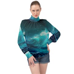 Tsunami Waves Ocean Sea Nautical Nature Water High Neck Long Sleeve Chiffon Top by Ravend