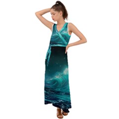 Tsunami Waves Ocean Sea Nautical Nature Water V-neck Chiffon Maxi Dress by Ravend