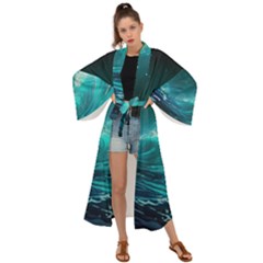 Tsunami Waves Ocean Sea Nautical Nature Water Maxi Kimono by Ravend