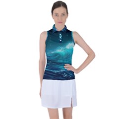 Tsunami Waves Ocean Sea Nautical Nature Water Women s Sleeveless Polo Tee by Ravend