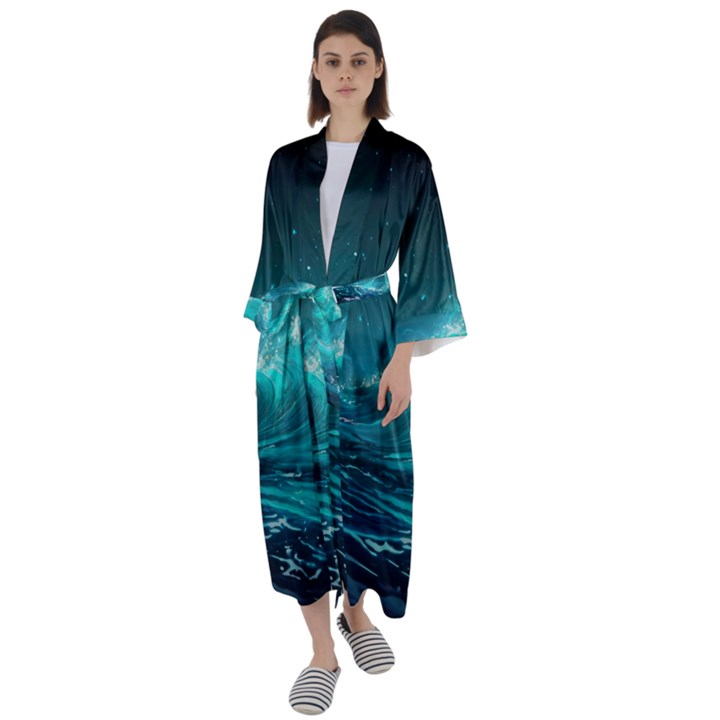 Tsunami Waves Ocean Sea Nautical Nature Water Maxi Satin Kimono