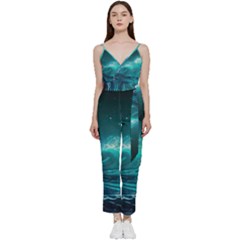 Tsunami Waves Ocean Sea Nautical Nature Water V-neck Spaghetti Strap Tie Front Jumpsuit