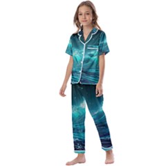 Tsunami Waves Ocean Sea Nautical Nature Water Kids  Satin Short Sleeve Pajamas Set by Ravend