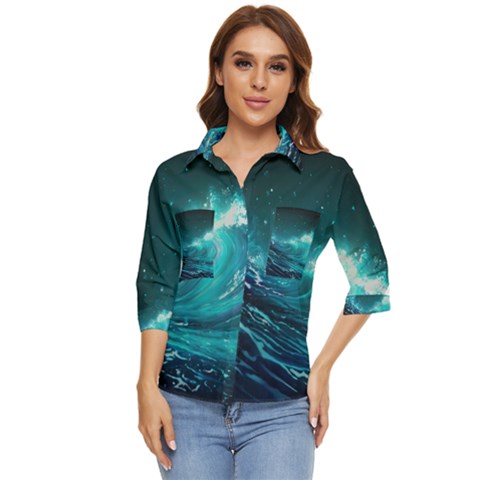 Tsunami Waves Ocean Sea Nautical Nature Water Women s Quarter Sleeve Pocket Shirt by Ravend