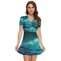 Tsunami Waves Ocean Sea Nautical Nature Water V-neck High Waist Chiffon Mini Dress