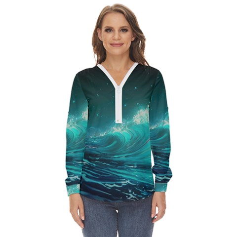 Tsunami Waves Ocean Sea Nautical Nature Water Zip Up Long Sleeve Blouse by Ravend