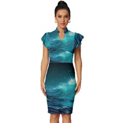 Tsunami Waves Ocean Sea Nautical Nature Water Vintage Frill Sleeve V-neck Bodycon Dress by Ravend