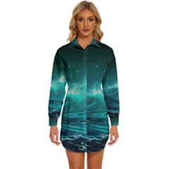 Tsunami Waves Ocean Sea Nautical Nature Water Womens Long Sleeve Shirt Dress