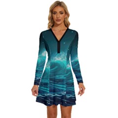 Tsunami Waves Ocean Sea Nautical Nature Water Long Sleeve Deep V Mini Dress 