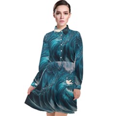 Tsunami Waves Ocean Sea Water Rough Seas 3 Long Sleeve Chiffon Shirt Dress by Ravend