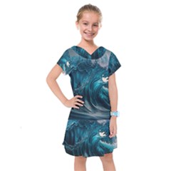 Tsunami Waves Ocean Sea Water Rough Seas 3 Kids  Drop Waist Dress by Ravend