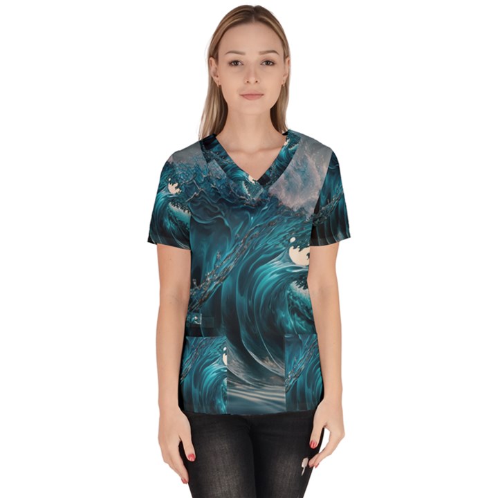 Tsunami Waves Ocean Sea Water Rough Seas 3 Women s V-Neck Scrub Top