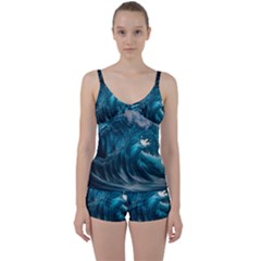 Tsunami Waves Ocean Sea Water Rough Seas 3 Tie Front Two Piece Tankini by Ravend