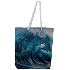 Tsunami Waves Ocean Sea Water Rough Seas 3 Full Print Rope Handle Tote (large) by Ravend