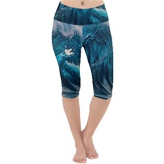 Tsunami Waves Ocean Sea Water Rough Seas 3 Lightweight Velour Cropped Yoga Leggings by Ravend