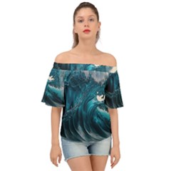 Tsunami Waves Ocean Sea Water Rough Seas 3 Off Shoulder Short Sleeve Top by Ravend