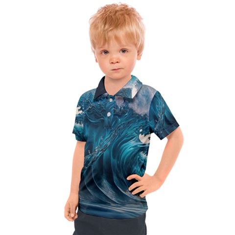 Tsunami Waves Ocean Sea Water Rough Seas 3 Kids  Polo Tee by Ravend