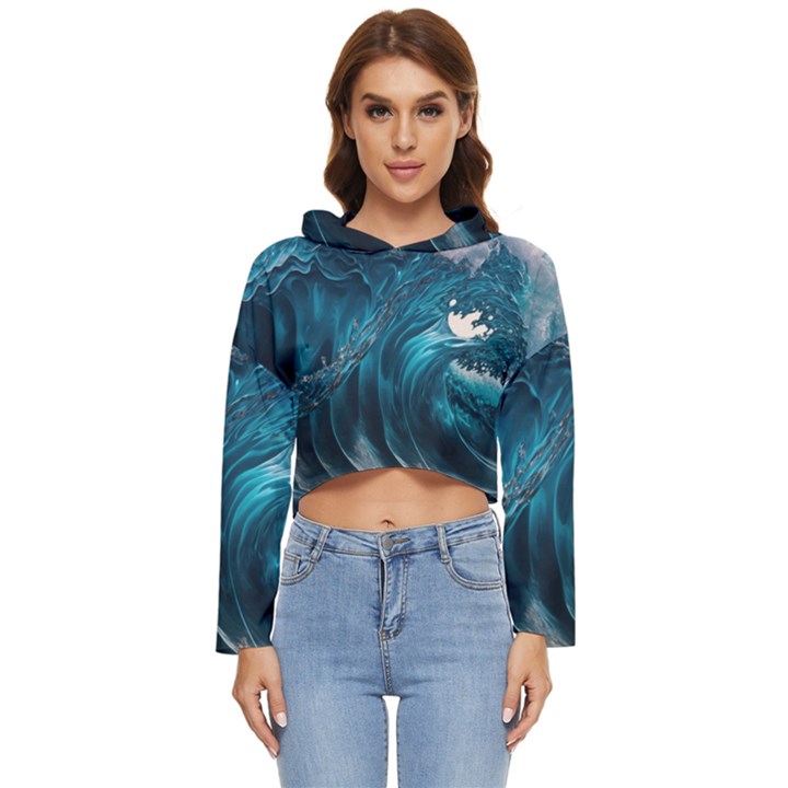 Tsunami Waves Ocean Sea Water Rough Seas 3 Women s Lightweight Cropped Hoodie