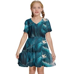 Tsunami Waves Ocean Sea Water Rough Seas 3 Kids  Short Sleeve Tiered Mini Dress by Ravend