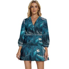 Tsunami Waves Ocean Sea Water Rough Seas 3 V-neck Placket Mini Dress