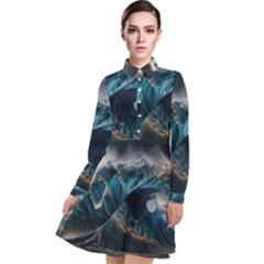 Tsunami Waves Ocean Sea Water Rough Seas 7 Long Sleeve Chiffon Shirt Dress by Ravend