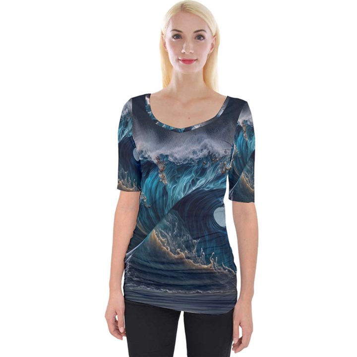 Tsunami Waves Ocean Sea Water Rough Seas 7 Wide Neckline Tee