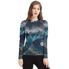 Tsunami Waves Ocean Sea Water Rough Seas 7 Women s Long Sleeve Rash Guard by Ravend