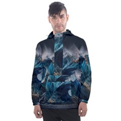 Tsunami Waves Ocean Sea Water Rough Seas 7 Men s Front Pocket Pullover Windbreaker by Ravend