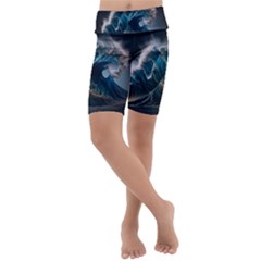 Tsunami Waves Ocean Sea Water Rough Seas 7 Kids  Lightweight Velour Cropped Yoga Leggings by Ravend