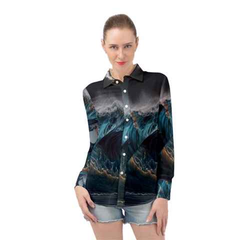 Tsunami Waves Ocean Sea Water Rough Seas 7 Long Sleeve Chiffon Shirt by Ravend