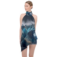 Tsunami Waves Ocean Sea Water Rough Seas 7 Halter Asymmetric Satin Top by Ravend