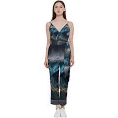 Tsunami Waves Ocean Sea Water Rough Seas 7 V-neck Spaghetti Strap Tie Front Jumpsuit