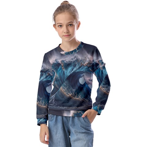 Tsunami Waves Ocean Sea Water Rough Seas 7 Kids  Long Sleeve Tee With Frill  by Ravend