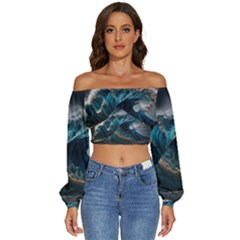 Tsunami Waves Ocean Sea Water Rough Seas 7 Long Sleeve Crinkled Weave Crop Top