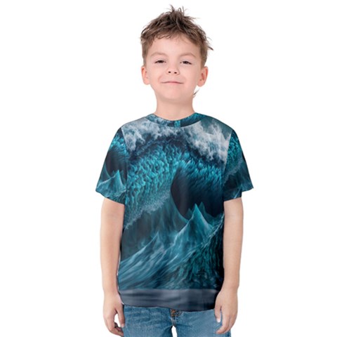 Tsunami Waves Ocean Sea Water Rough Seas 6 Kids  Cotton Tee by Ravend