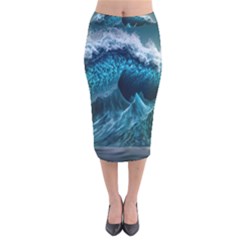 Tsunami Waves Ocean Sea Water Rough Seas 6 Velvet Midi Pencil Skirt by Ravend