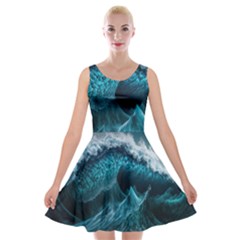 Tsunami Waves Ocean Sea Water Rough Seas 6 Velvet Skater Dress by Ravend