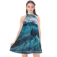 Tsunami Waves Ocean Sea Water Rough Seas 6 Halter Neckline Chiffon Dress  by Ravend