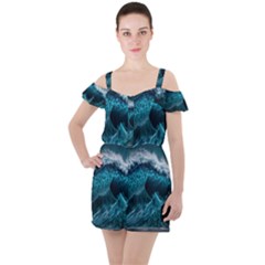 Tsunami Waves Ocean Sea Water Rough Seas 6 Ruffle Cut Out Chiffon Playsuit by Ravend