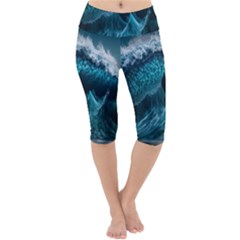 Tsunami Waves Ocean Sea Water Rough Seas 6 Lightweight Velour Cropped Yoga Leggings by Ravend