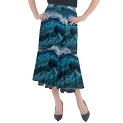 Tsunami Waves Ocean Sea Water Rough Seas 6 Midi Mermaid Skirt by Ravend