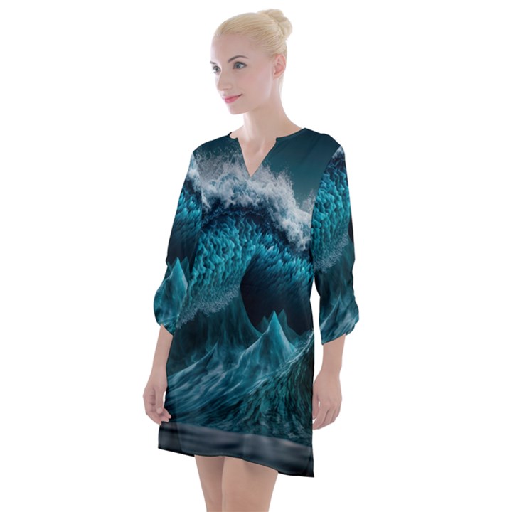 Tsunami Waves Ocean Sea Water Rough Seas 6 Open Neck Shift Dress