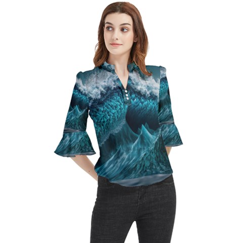 Tsunami Waves Ocean Sea Water Rough Seas 6 Loose Horn Sleeve Chiffon Blouse by Ravend